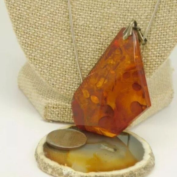 Artisan 925 Chunky Cognac Amber Statement Pendant Necklace 20.1g - Picture 2 of 6